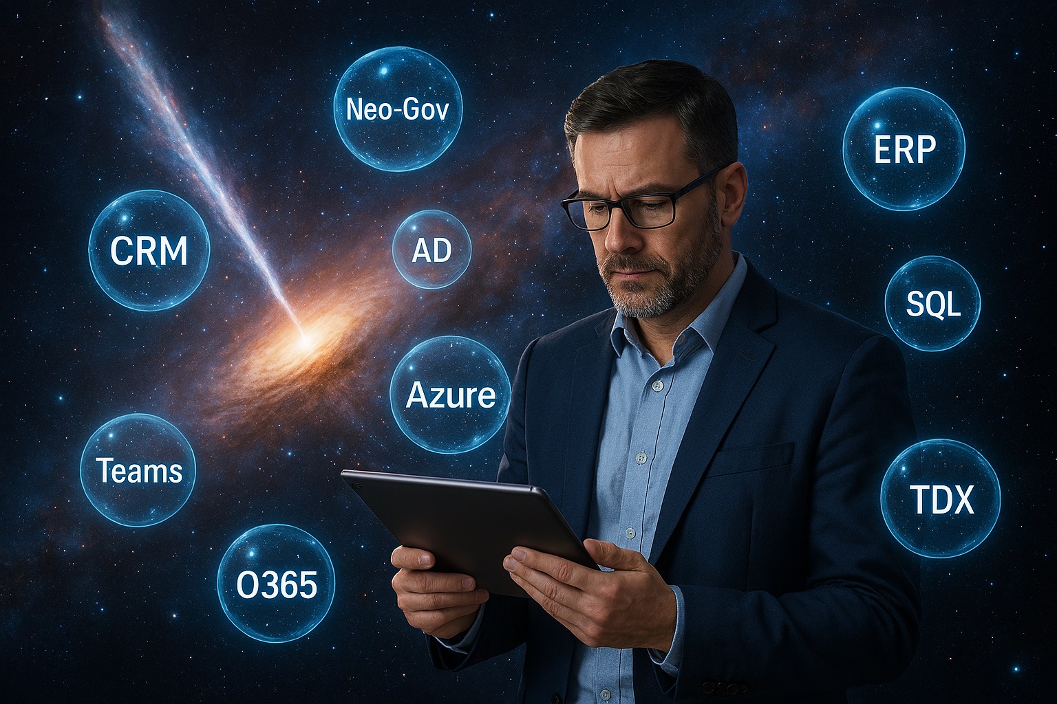 IT Pro with tablet in hand and Orbs representing Connectors for Applications